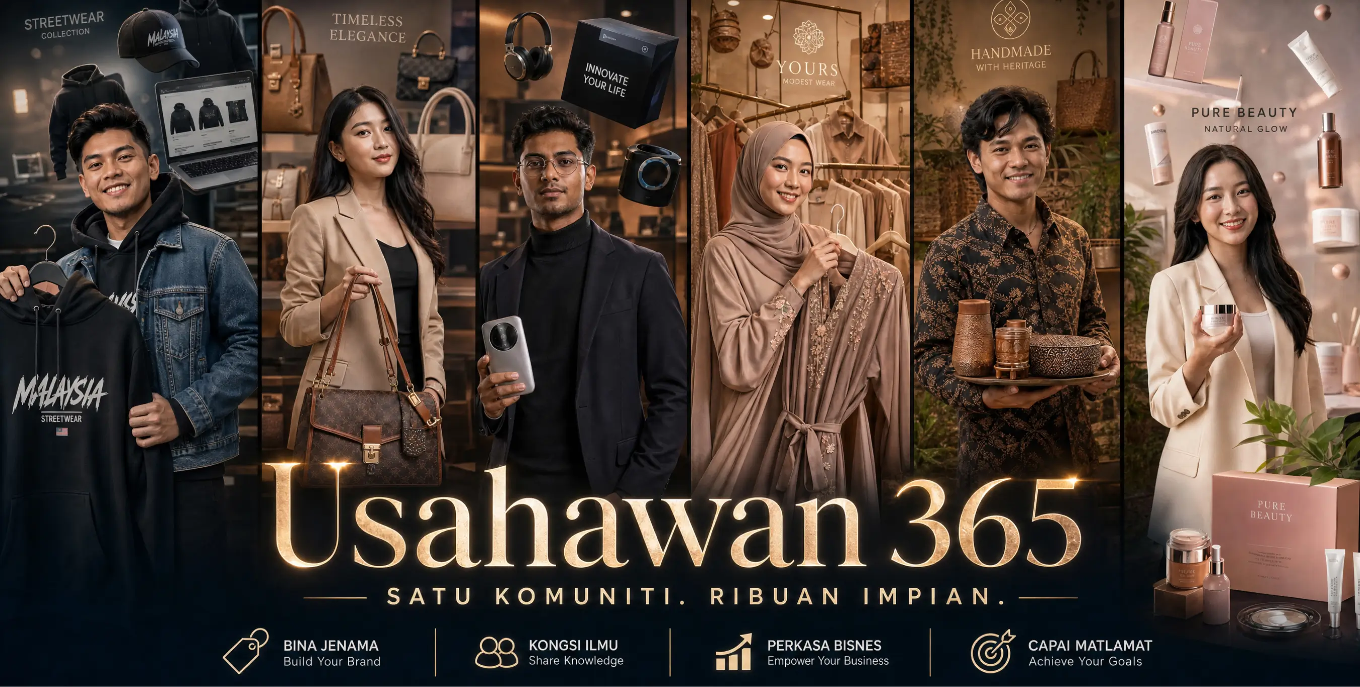Usahawan365 campaign artwork featuring Malaysian entrepreneurs with their fashion, tech, and beauty brands