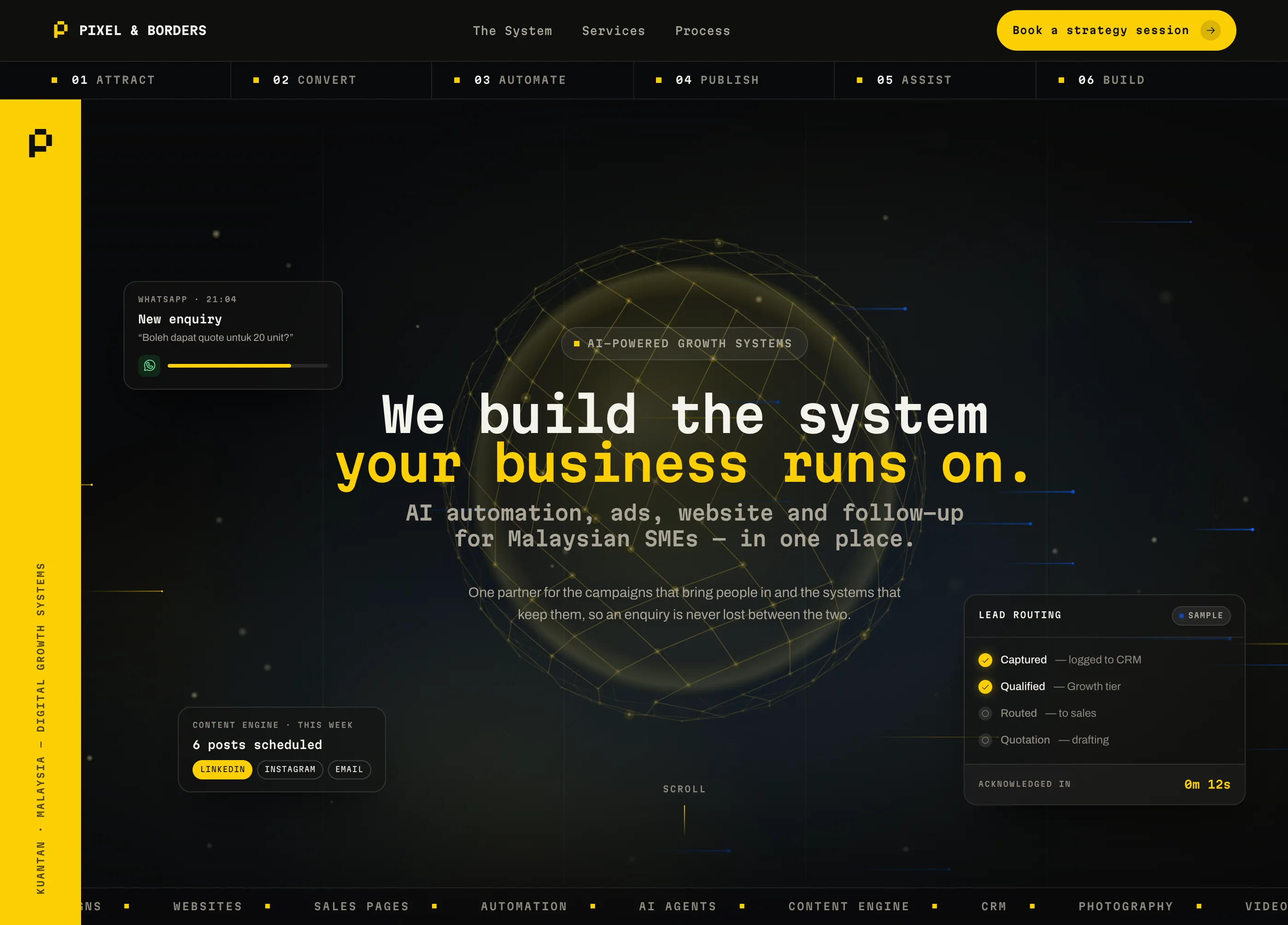 PixelBorders AI Agency website hero reading "We build the system your business runs on"